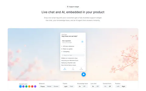 Fernand features section: chat widget preview on a blossom photo with segmented style toggles above a 3x2 card grid