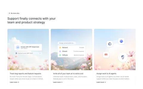 Fernand features section: headline above three cards with sky and flower photos overlaid with small UI chips