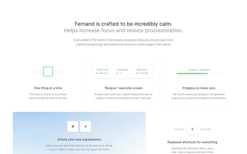 Fernand features section: centered heading above a bento grid of cards with a command palette and keyboard shortcut UI