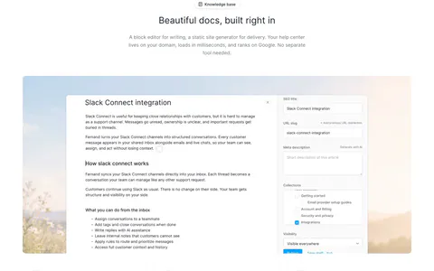 Fernand features section: centered heading above a docs editor screenshot and a 3x2 grid of feature cards