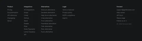 Fernand footer section: five link columns with contact email and copyright on a near-black background