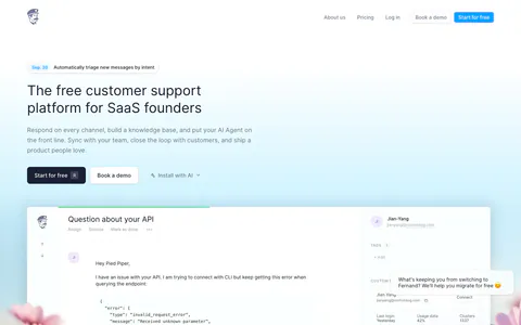 Fernand hero section: left-aligned headline and two CTAs above an inbox product screenshot on a sky-blue gradient with a blurred flower field