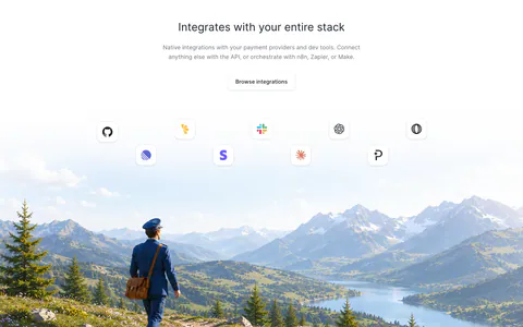 Fernand integrations section: centered heading and button above app icons floating over a painted mountain landscape with a postman