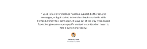 Fernand testimonials section: single centered customer quote with a round avatar, name and company on white