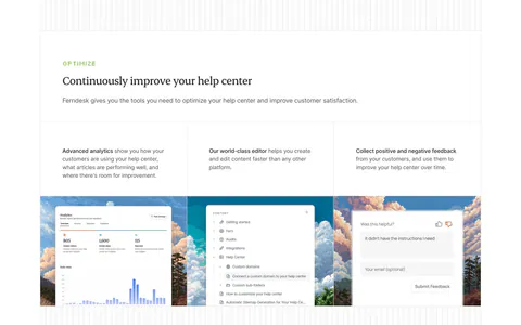 Ferndesk features section: serif headline above three columns with analytics, editor and feedback UI over pixel-art landscapes