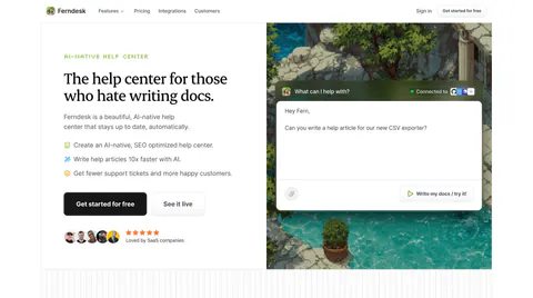 Ferndesk hero section: serif headline, checklist and CTAs on the left beside an AI chat prompt over a pixel-art garden scene