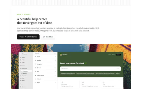 Ferndesk how it works section: serif headline and two buttons above a help center editor screenshot framed by pixel-art scenery