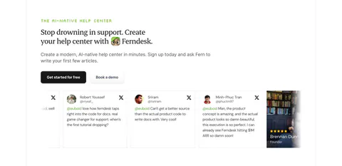Ferndesk testimonials section: serif headline and two CTAs above a horizontally scrolling row of tweet cards on white