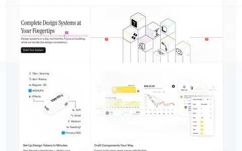 Figr features section: serif headline beside an isometric cube drawing above a bento of design token, chart and mobile UI tiles
