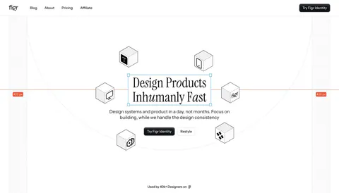 Figr hero section: centered serif headline in a selection box ringed by isometric line-drawn cubes with measurement guides