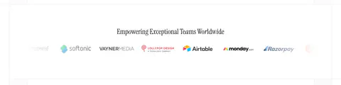 Figr logo cloud section: centered serif heading above a single fading row of customer logos like Airtable and monday.com