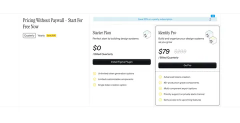 Figr pricing section: serif heading with quarterly/yearly toggle on the left and Starter and Identity Pro plan cards on the right