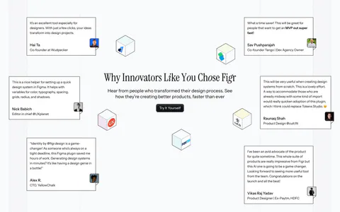 Figr testimonials section: centered serif headline and button surrounded by scattered quote cards and isometric logo cubes