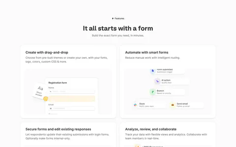 Fillout features section: centered heading above a 2x2 grid of cards with form builder, workflow, login form and responses table mockups