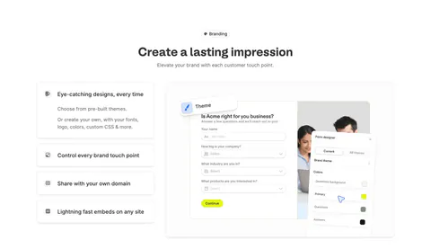 Fillout features section: centered heading above stacked feature cards on the left and a branded form with a theme designer panel on the right