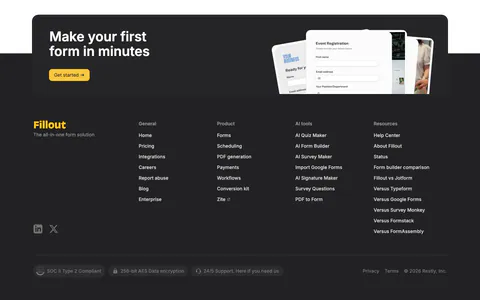 Fillout footer section: dark CTA card with yellow button and form mockups above a charcoal footer with link columns and compliance badges