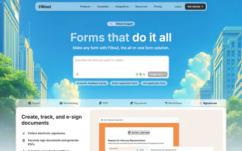 Fillout hero section: centered headline and AI prompt box over an illustrated city skyline, above product tabs and an e-signature form mockup