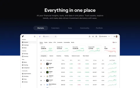 Finsepa features section: centered headline and tab bar on a black-to-navy band above a stock screener dashboard screenshot