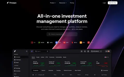 Finsepa hero section: centered headline, search field and ticker chips above a dark stock screener dashboard with purple swooshes