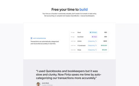 Finta features section: centered headline above bordered tiles with transaction UI snippets and a customer quote band