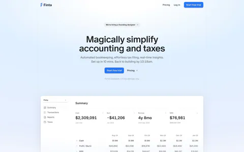 Finta hero section: centered headline and CTAs on a pale blue wash above a financial summary dashboard and a startup logo row