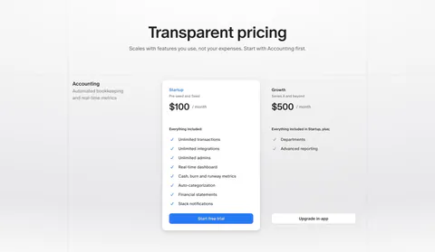 Finta pricing section: centered heading above Startup and Growth monthly plan cards with checklists on a light gray background