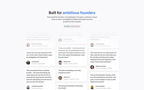 Finta testimonials section: centered headline with blue accent words and rating pill above a three-column masonry wall of quotes