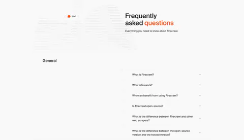 Firecrawl FAQ section: headline beside dithered artwork above a two-column accordion of questions on a light gray grid layout