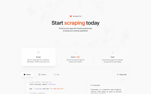 Firecrawl features section: centered headline, three capability cards and a tabbed Python/Node.js/Curl code sample with markdown output