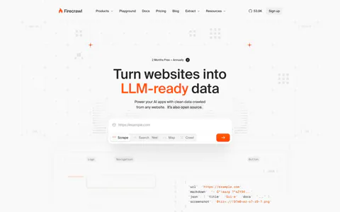 Firecrawl hero section: centered headline with URL input and mode tabs over a grid background, JSON code preview and customer logo row below