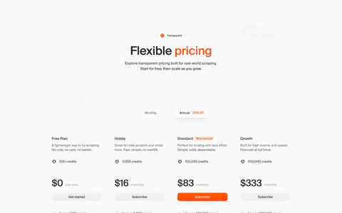 Firecrawl pricing section: centered headline, monthly/annual toggle, four plan columns with prices and an enterprise block on light gray