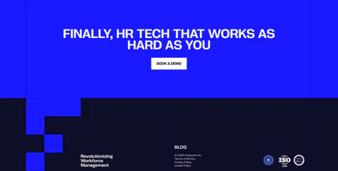 Firstwork footer section: centered uppercase CTA on a bright blue band above a navy footer with pixel-block shapes, legal links and badges