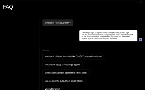 Flank FAQ section: questions styled as chat bubbles with one answered reply and a list of follow-up questions on a black background