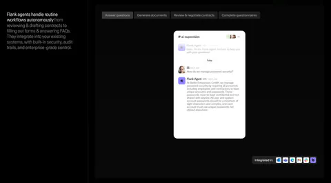 Flank features section: left text column beside a tabbed panel showing a chat-style agent UI mockup and integration icons on black