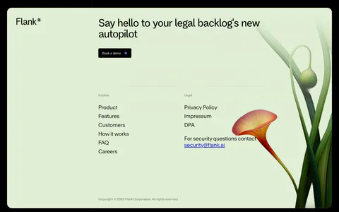 Flank footer section: mint-green card with headline, demo button, link columns and a rendered flower above a giant faint wordmark on black