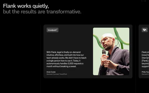 Flank testimonials section: two-tone headline above a carousel of quote cards with a large speaker photo, next card cut off, on black