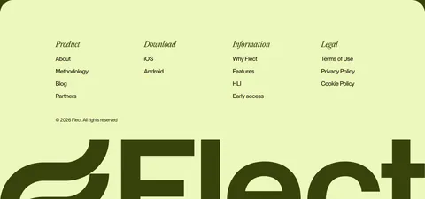 Flect footer section: italic serif column headings and links above a giant cropped Flect wordmark on a pale lime background