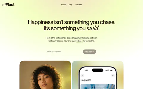 Flect hero section: centered headline with email request field above a portrait photo and a phone app screenshot on yellow-green glow