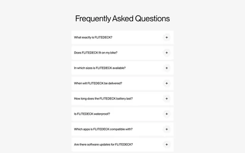 FLITEDECK FAQ section: centered heading above a single column of white accordion questions and a black button on light gray