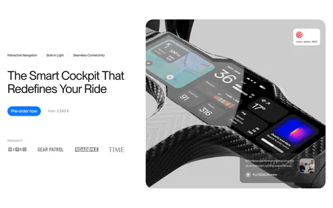 FLITEDECK hero section: headline, pre-order button and press logos on the left, large carbon bike cockpit product photo on the right