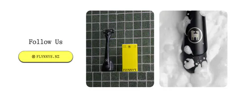 Flynny's call to action section: Follow Us heading and yellow Instagram button left, two product photos of a black razor and yellow box right