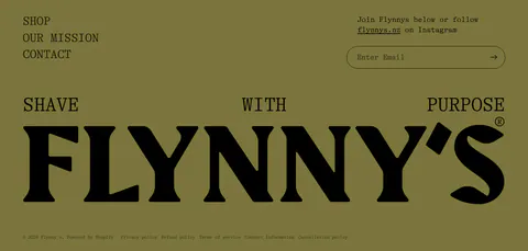 Flynny's footer section: olive background with nav links, email signup field and a giant full-width black serif wordmark above legal links