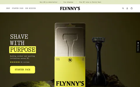 Flynny's hero section: serif headline with a yellow-highlighted word, star rating and yellow CTA over a dark photo of a razor and its box on moss
