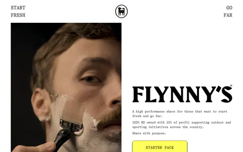 Flynny's about & mission section: tall photo of a man shaving left, large serif wordmark, short brand copy and yellow Starter Pack button right