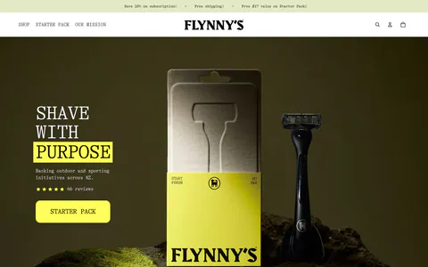 Flynny's hero section: promo bar and centered logo nav over a dark moss photo of a razor and yellow box, headline, reviews and button left