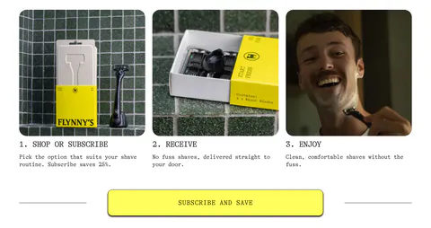 Flynny's how it works section: three numbered step cards with product and lifestyle photos above a wide yellow Subscribe and Save button