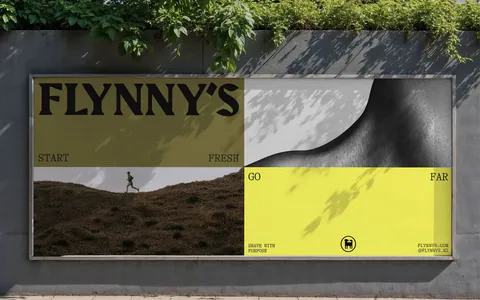 Flynny's other section: photo of a street billboard showing the olive and yellow Flynny's campaign with a runner and wordmark