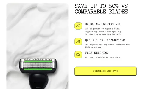Flynny's value proposition section: razor head on shaving foam photo left, benefit list with yellow icons and a Subscribe and Save button right