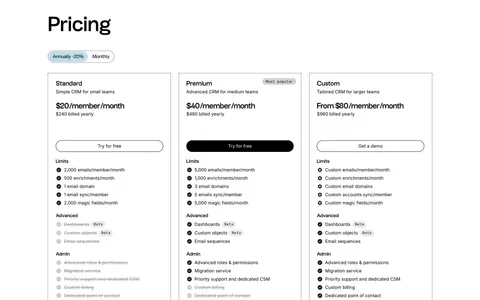 folk pricing section: left-aligned heading, annual/monthly toggle and three outlined plan cards with feature checklists on white