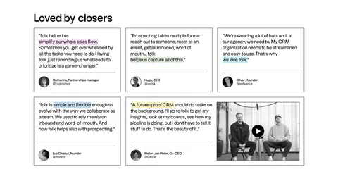 folk testimonials section: bento grid of outlined quote cards with highlighted phrases and a wide card holding a video thumbnail